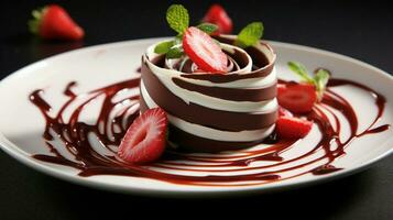 fresh strawberry dessert with chocolate and cream swirls photo