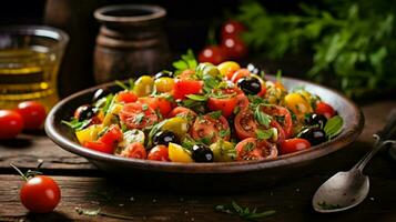 fresh tomato and olive salad on rustic wooden table photo