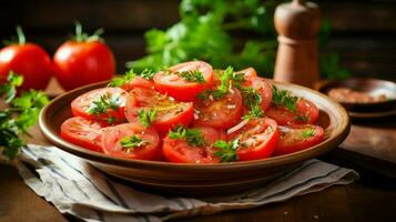 fresh tomato salad on wooden table healthy vegetarian photo