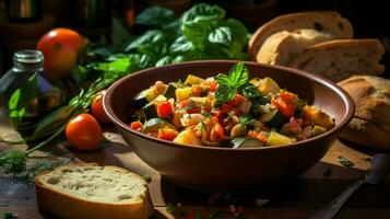fresh vegetable stew a healthy lunch on a rustic table photo