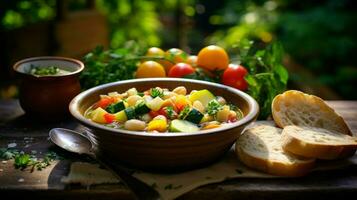 fresh vegetable stew a healthy lunch on a rustic table photo
