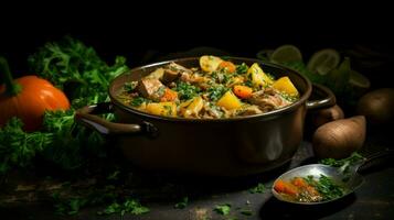 fresh vegetable stew with pork onion carrot and parsley photo