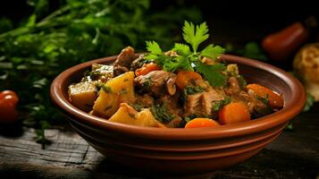 fresh vegetable stew with pork onion carrot and parsley photo