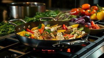 Fresco vegetales Cocinando en estufa sano comida en gastrónomo foto