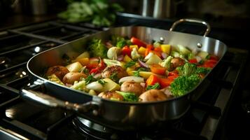 fresh vegetables stewing on stove top for healthy lunch photo