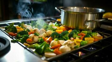 fresh vegetables stewing on stove top for healthy lunch photo