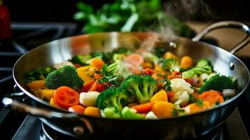 fresh vegetables stewing on stove top for healthy lunch photo