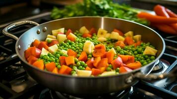 fresh vegetables stewing on stove top for healthy lunch photo