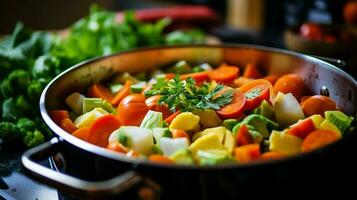 fresh vegetables stewing on stove top for healthy lunch photo