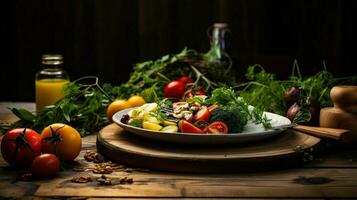 fresh vegetarian gourmet meal on rustic wood table photo