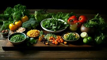 fresh vegetarian gourmet meal on rustic wood table photo