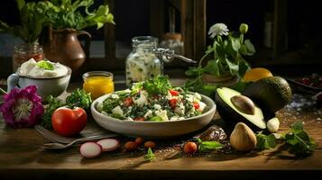 fresh vegetarian gourmet meal on rustic wood table photo