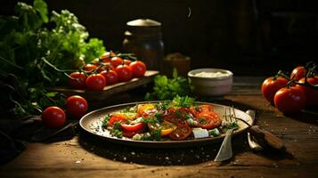 fresh vegetarian meal on rustic wooden table healthy eating photo