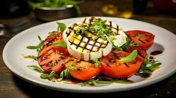 Fresco vegetariano ensalada con A la parrilla tomate y queso Mozzarella foto