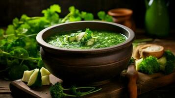 fresh vegetarian soup with organic green vegetables photo