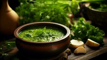 Fresco vegetariano sopa con orgánico verde vegetales foto