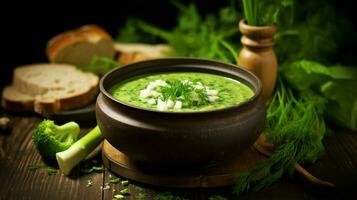 fresh vegetarian soup with organic green vegetables photo