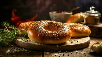 freshly baked bagel on a rustic table ready to eat health photo