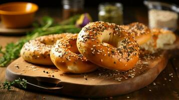 freshly baked bagel on a rustic table ready to eat health photo