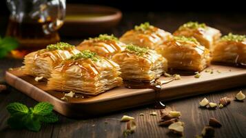 freshly baked baklava on rustic wooden board photo