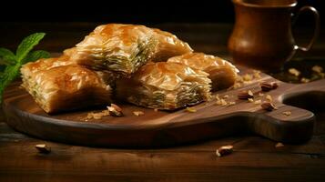 freshly baked baklava on rustic wooden board photo