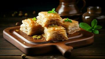 freshly baked baklava on rustic wooden board photo
