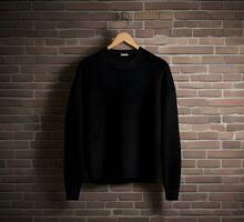 Black sweater mockup with brick background ai generate photo