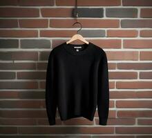Black sweater mockup with brick background ai generate photo