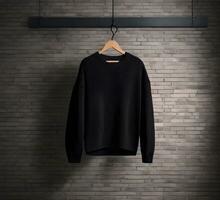 Black sweater mockup with brick background ai generate photo