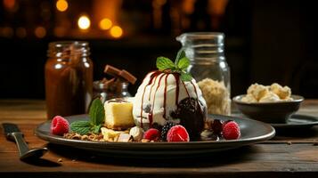 freshly baked gourmet dessert on rustic wooden table photo