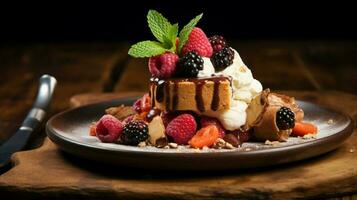 freshly baked gourmet dessert on rustic wooden table photo