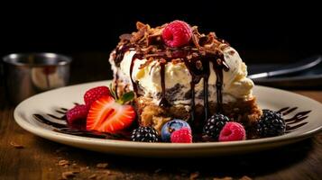 freshly baked gourmet dessert on rustic wooden table photo