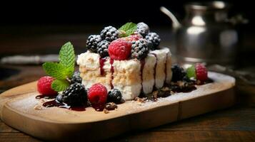 freshly baked gourmet dessert on rustic wooden table photo