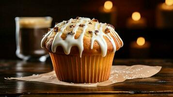 freshly baked gourmet muffin with sweet icing on rustic photo