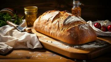 freshly baked homemade bread on a rustic wooden cutting photo