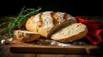 freshly baked homemade bread on a rustic wooden cutting photo