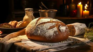 freshly baked homemade bread on rustic wooden table photo