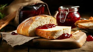 freshly baked homemade bread on rustic wooden table photo