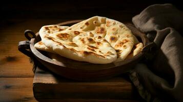 recién horneado naan un pan en rústico madera cuenco foto