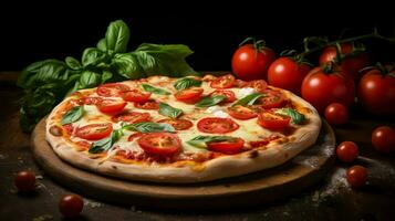 recién horneado Pizza con queso Mozzarella tomate y vegetal foto
