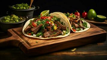 freshly cooked beef taco on a wooden plate with guacamole photo