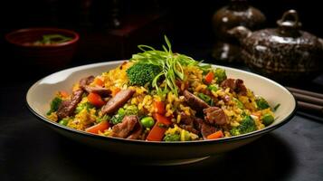 freshly cooked gourmet meal fried rice with vegetables photo