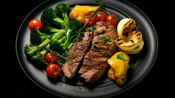 freshly cooked gourmet meal with grilled meat and vegetable photo