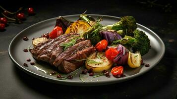 freshly cooked gourmet meal with grilled meat and vegetable photo