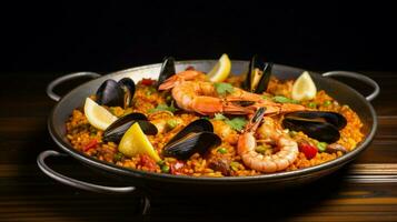 freshly cooked gourmet seafood paella on plate photo
