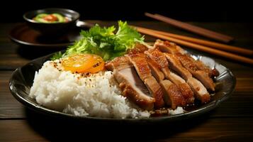 freshly cooked meal of pork and rice photo