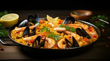 freshly cooked gourmet seafood paella on plate photo