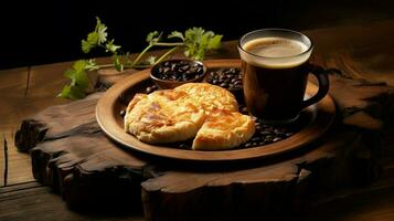 freshly cooked meal on rustic wood plate hot coffee photo