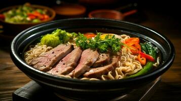 freshly cooked pork ramen soup in a gourmet vegetable bow photo