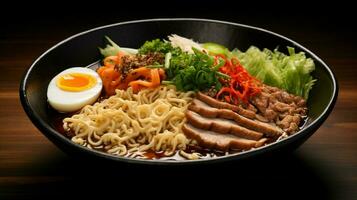 freshly cooked ramen noodles with pork vegetables photo